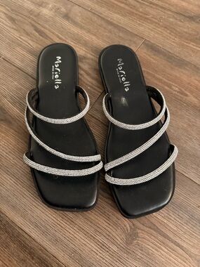 Mariella Black Slide Sandals with Silver Rhinestone Straps